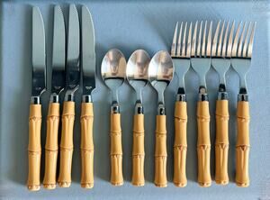 Vintage Faux Bamboo Flatware 11 Pc Set Tiki Acrylic Handle Silverware 1980s